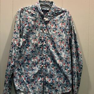 ZARA Super Slim Fit Button Down Dress Shirt Blue Novelty Jungle Print Men Small